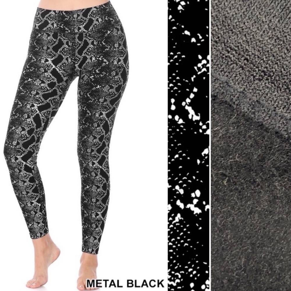 Snakeskin Print Silver Black Fleece Warm Leggings